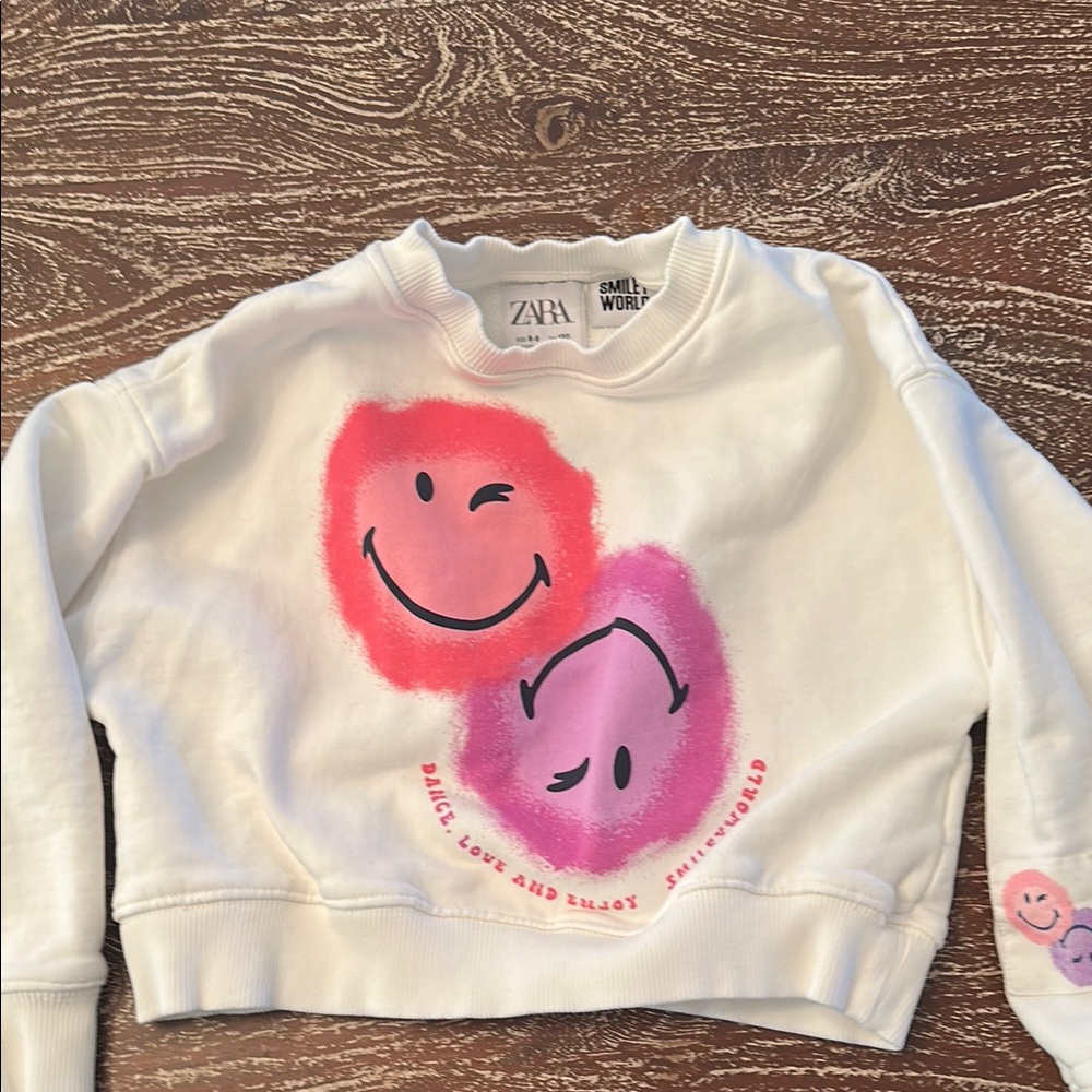 Zara White Sweatshirt with Pink and Purple Smiley Faces